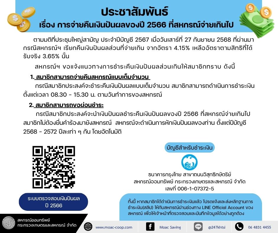 ประชาสัมพันธ์ เรื่อง การจ่ายคืนเงินปันผลของปี 2566 ที่สหกรณ์จ่ายเกินไป