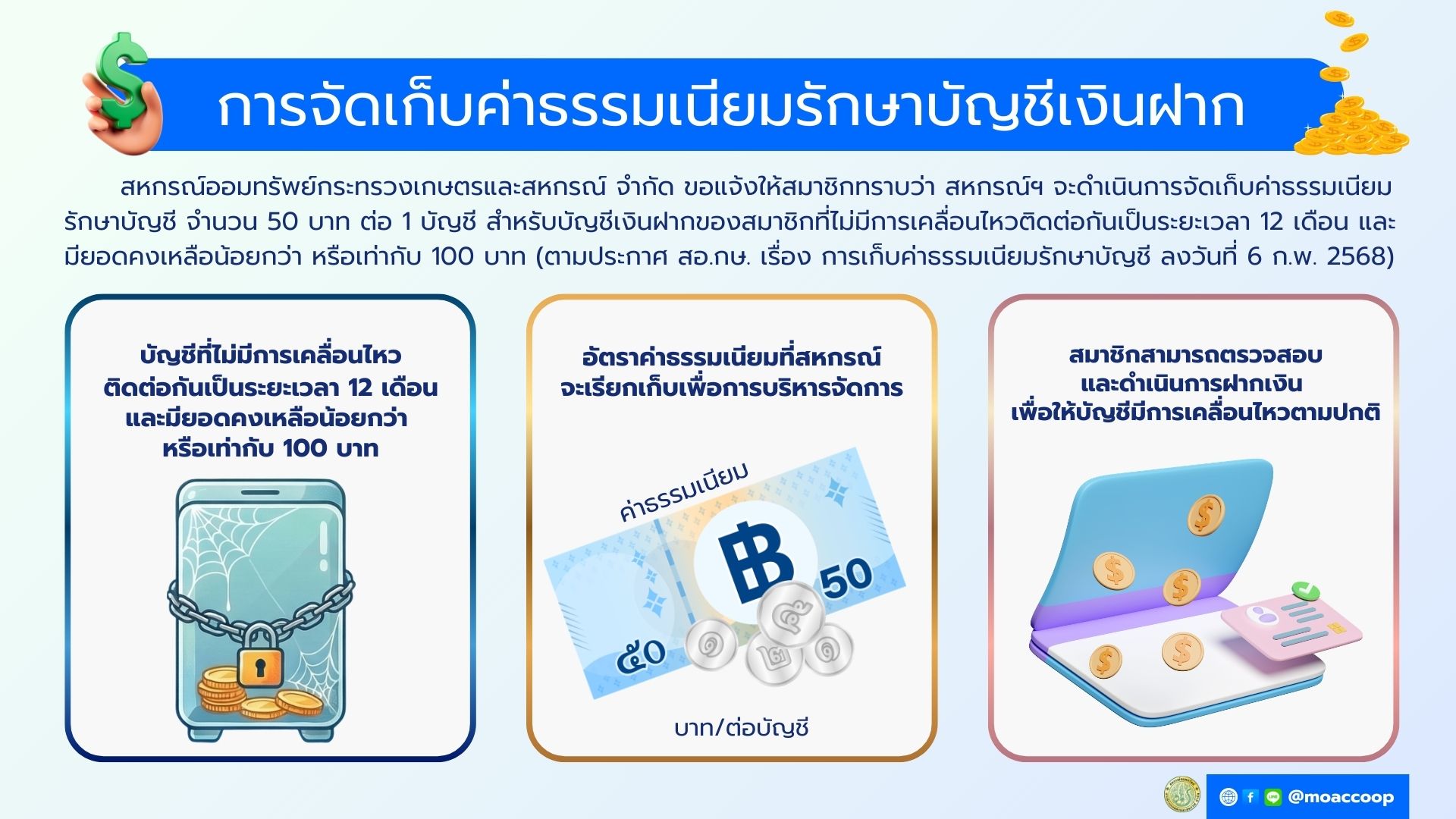ประกาศ สอ.กษ. เรื่อง การจัดเก็บค่าธรรมเนียมรักษาบัญชีเงินฝาก