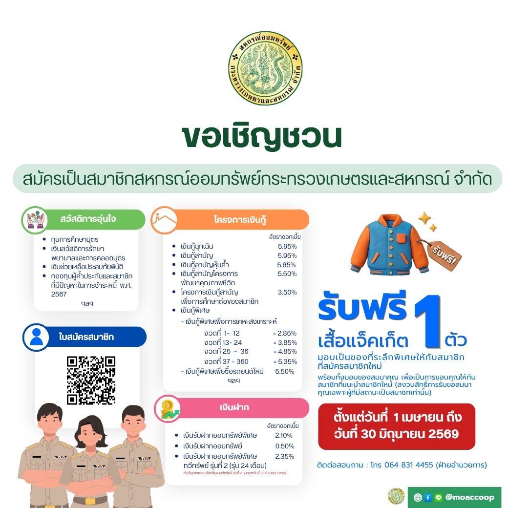 ขอเชิญชวนสมัครสมาชิกสหกรณ์ ตั้งแต่วันที่ 1 เม.ย. ถึง วันที่ 30 มิ.ย. 2569